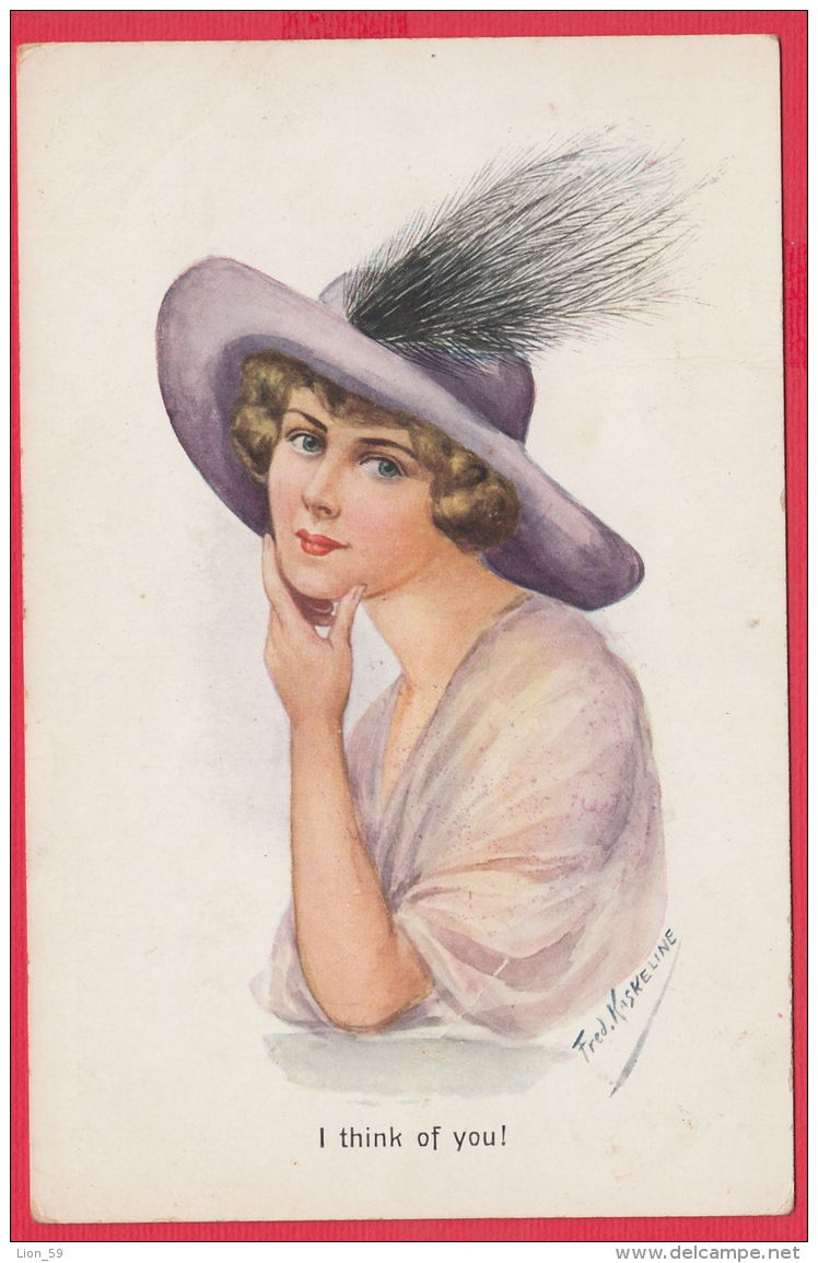 219229 / Illustrator Friedrich Kaskeline - " I THINK OF YOU ! " Elegant Lady With Hat  , ASCO 9522 , B. Sch. - Kaskeline