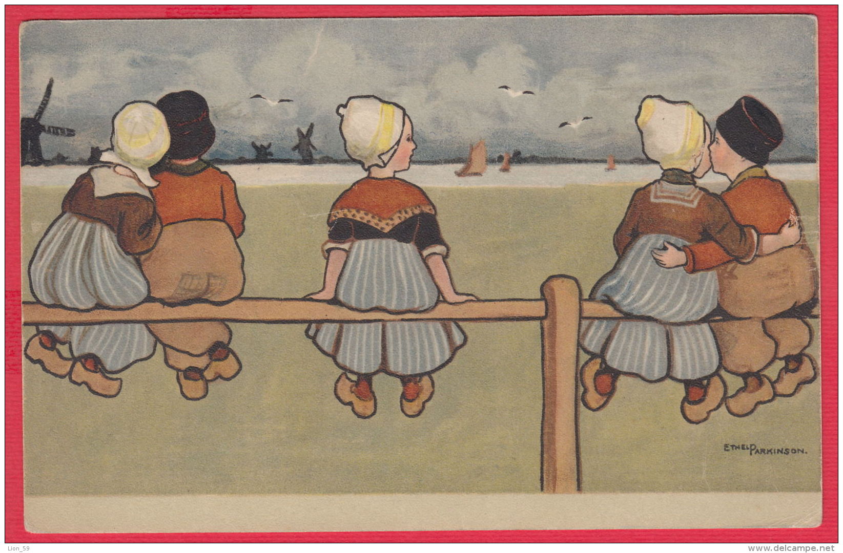 219230 / Illustrator Ethel Parkinson, Niederländer , YOUNG GIRL BOY LANDSCAPE , WINDMILL , BIRD , SAILING , No. 210 USED - Parkinson, Ethel