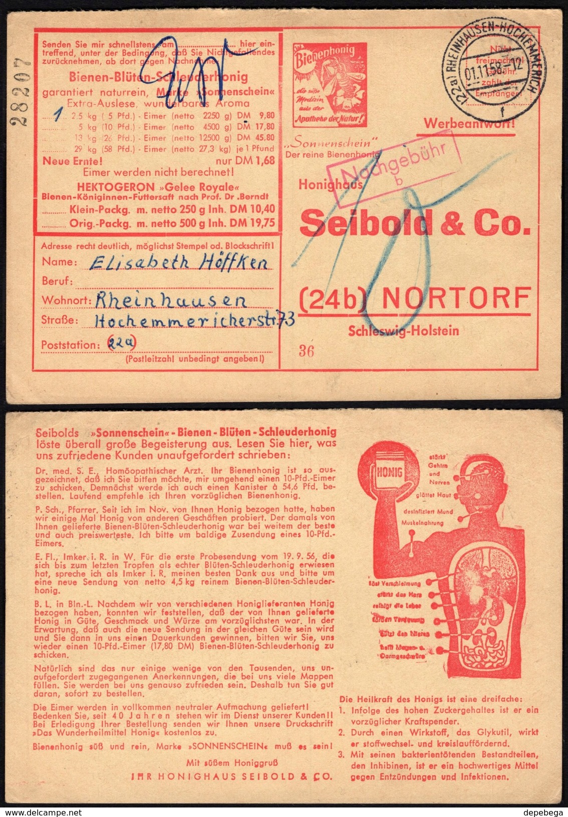 Germany - Privat Werbantwort Nachgebühr Postkarte 'Bienenhonig, Rheinhausen-Hochemmerich 1.11.1958. - Cartas & Documentos