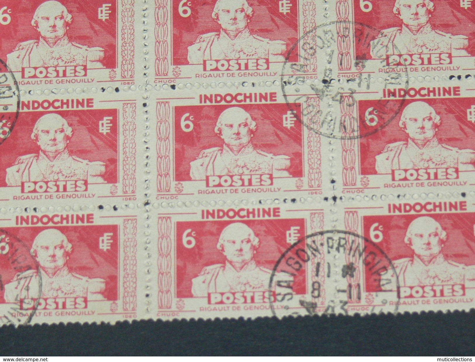 TIMBRES NEUFS D INDOCHINE 1889 A 1945  /  1943 RIGAULT DE GENOUILLY  6 CENTS / BLOC 15 TIMBRES MORCEAU DE FEUILLET - Neufs