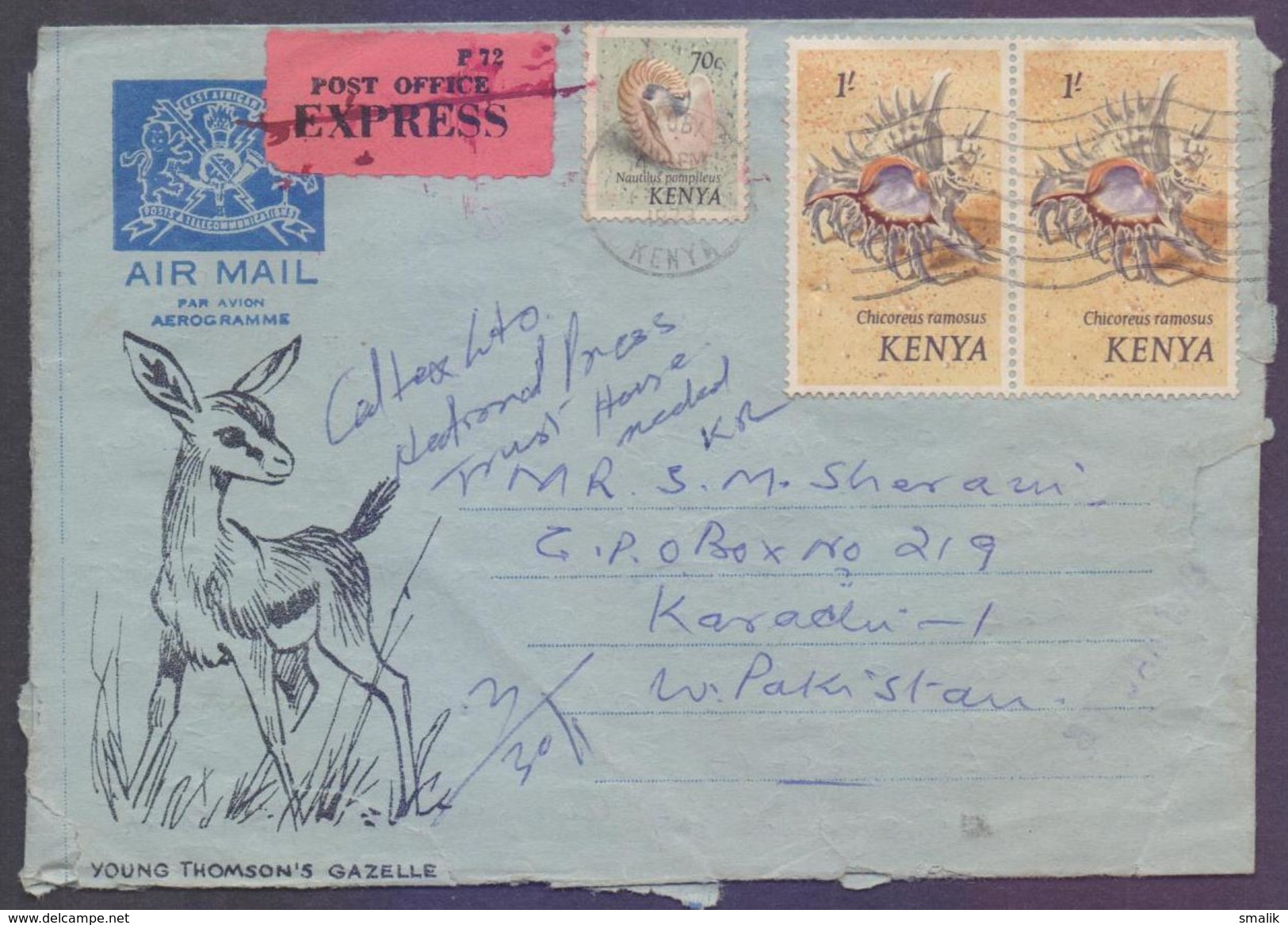 Sea Shells, Postal History Cover, EXPRESS Delivery Aerogramme From KENYA, Used 1973 - Kenya (1963-...)