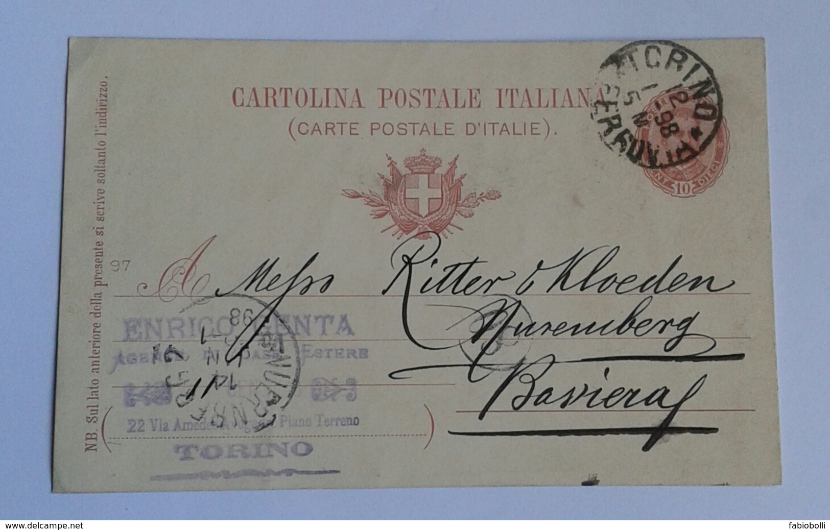 1898 INTERO POSTALE X ESTERO IMPERO TEDESCO DA TORINO A NORIMBERGA  (419) - Stamped Stationery