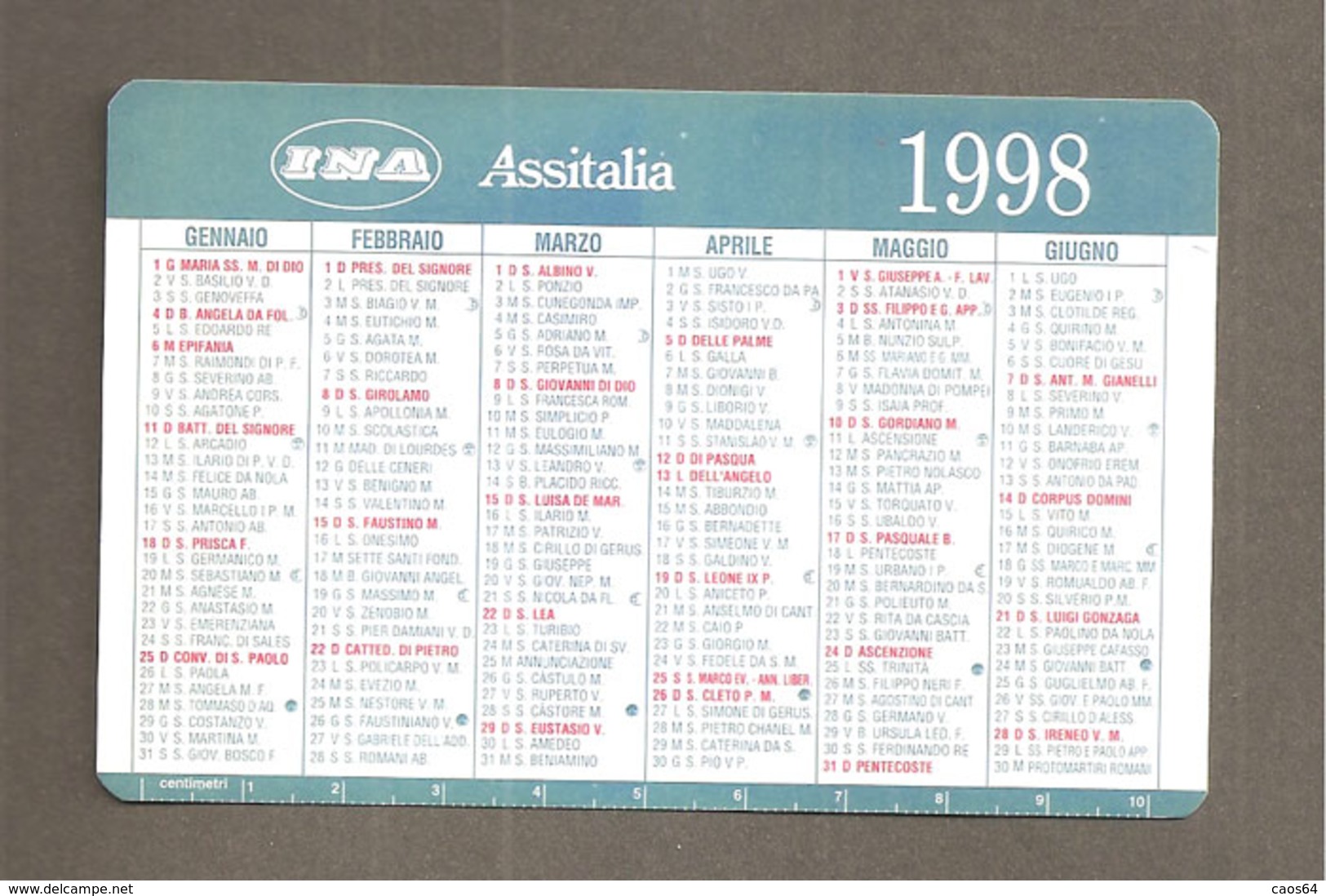 CALENDARIO TASCABILE 1998 INA ASSITALIA ASSICURAZIONI - PLASTIFICATO - Formato Piccolo : 1991-00