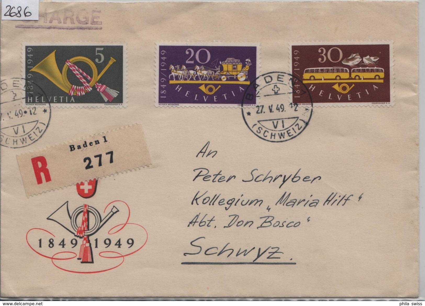 1949 100 Jahre Eidgenössische Post 291-293 Mi. 519-521 Recommende Baden Nach Schwyz 27.V. - Briefe U. Dokumente