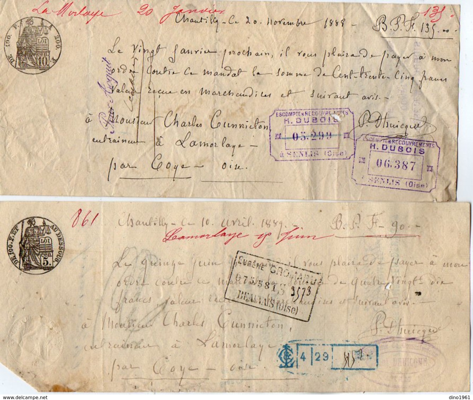 VP10.111 - 2 Lettres De Change - CHANTILLY X SENLIS X BEAUVAIS ( Oise ) Mr CUNNINGTON Entraineur à LAMORLAYE - Bills Of Exchange