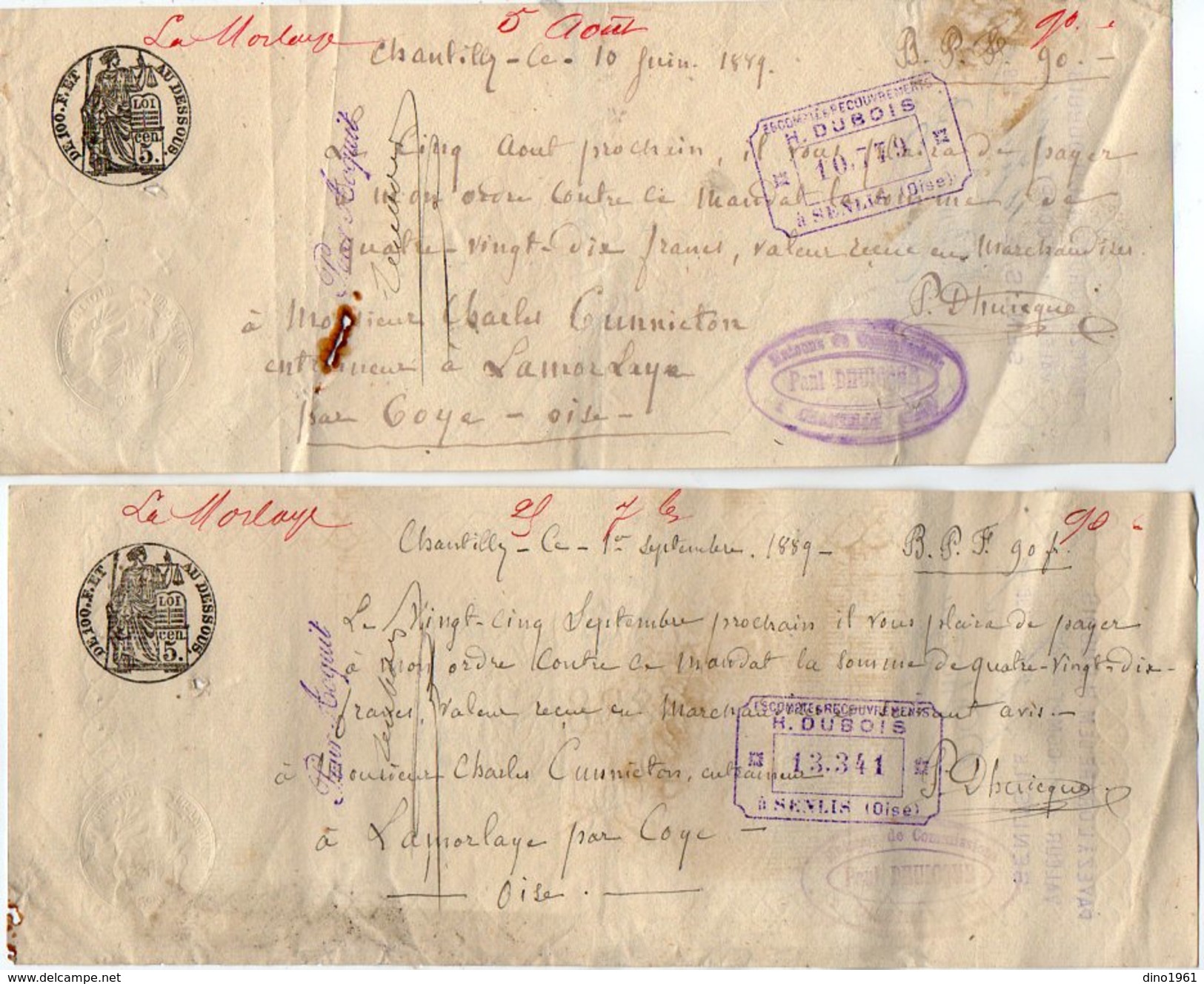 VP10.112 - 2 Lettres De Change - CHANTILLY X SENLIS ( Oise ) Mr CUNNINGTON Entraineur à LAMORLAYE - Bills Of Exchange