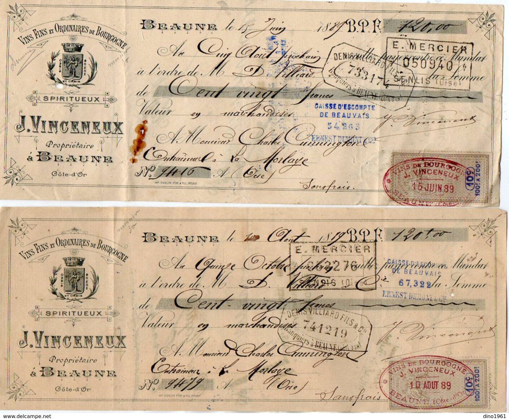 VP10.113 - 2 Lettres De Change - Vins Fins & Ordinaires De Bourgogne J. VINCENEUX à BEAUNE - Wissels