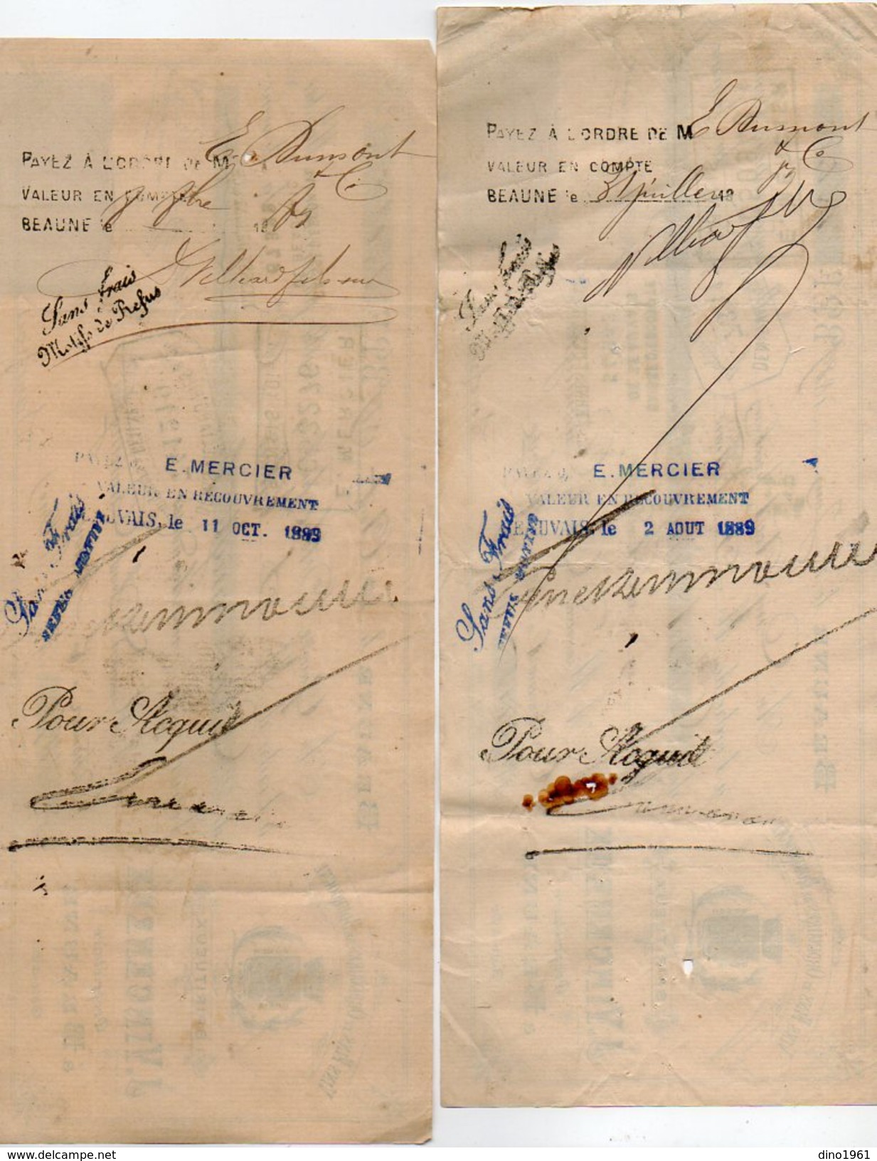 VP10.113 - 2 Lettres De Change - Vins Fins & Ordinaires De Bourgogne J. VINCENEUX à BEAUNE - Bills Of Exchange