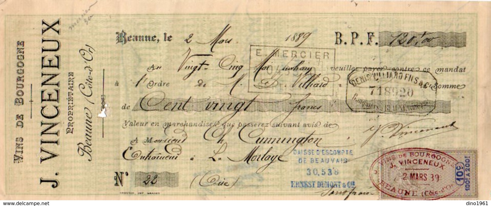 VP10.114 -  Lettre De Change - Vins Fins & Ordinaires De Bourgogne J. VINCENEUX à BEAUNE - Wechsel