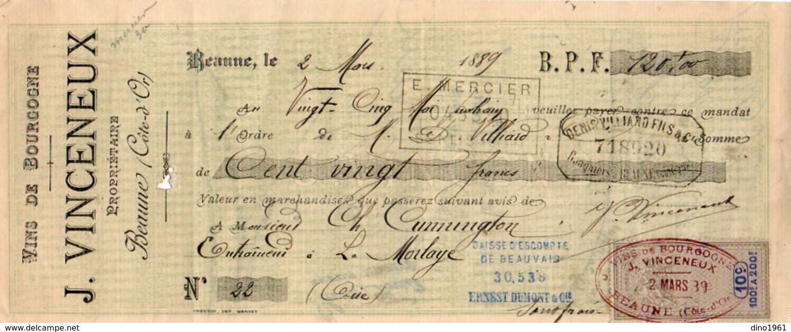 VP10.114 -  Lettre De Change - Vins Fins & Ordinaires De Bourgogne J. VINCENEUX à BEAUNE - Bills Of Exchange
