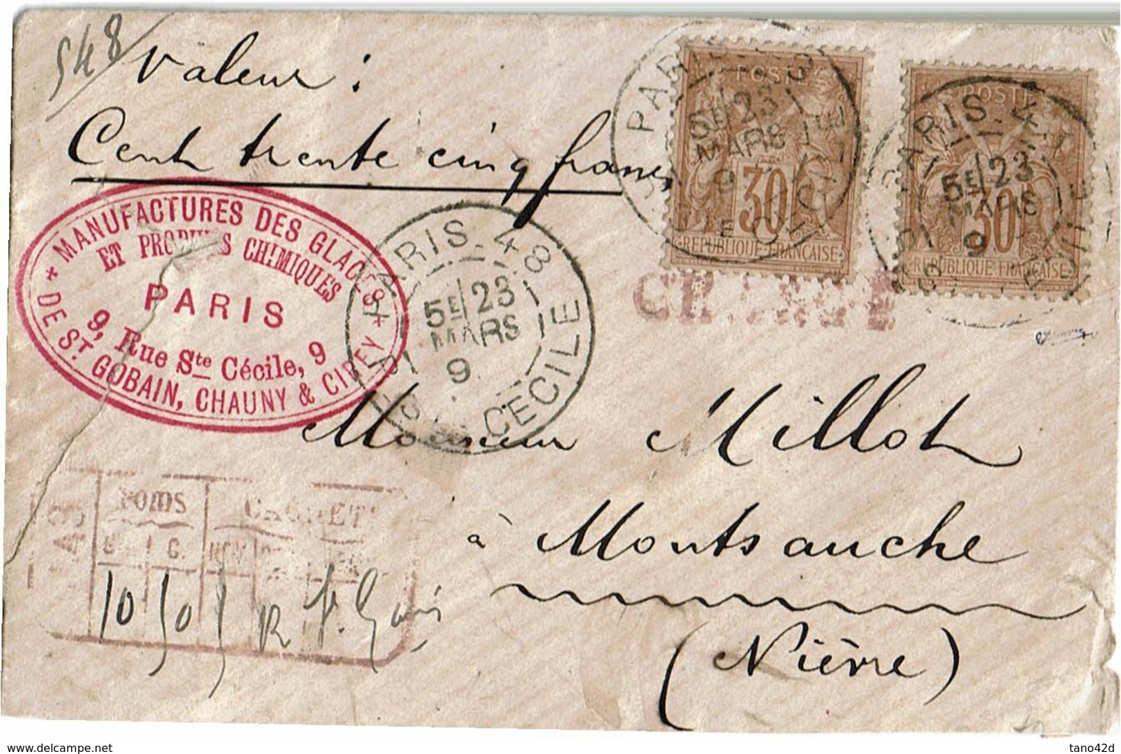 LCTN471 -  SAGE 30c X 2 SUR LETTRE CHARGEE PARIS STE CECILE / MONTSAUCHE 23/3/1892 - 1876-1898 Sage (Tipo II)