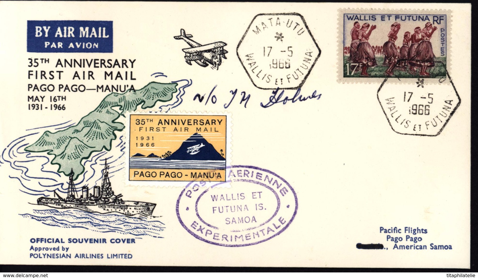 Wallis Et Futuna Aviation 35e Anniversaire 1er Vol Pago Pago Manu'a Polynesian Airlines Poste Aérienne Expérimentale - Cartas & Documentos