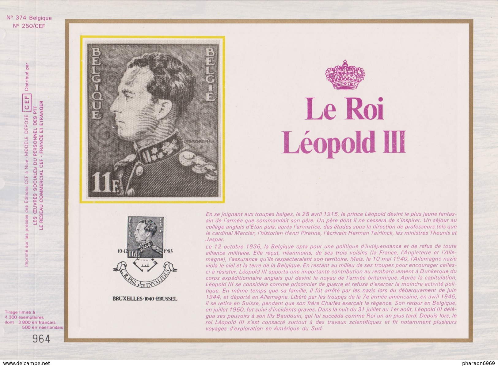 Feuillet Tirage Limité CEF 374 2111 Roi Léopold III - 1981-1990