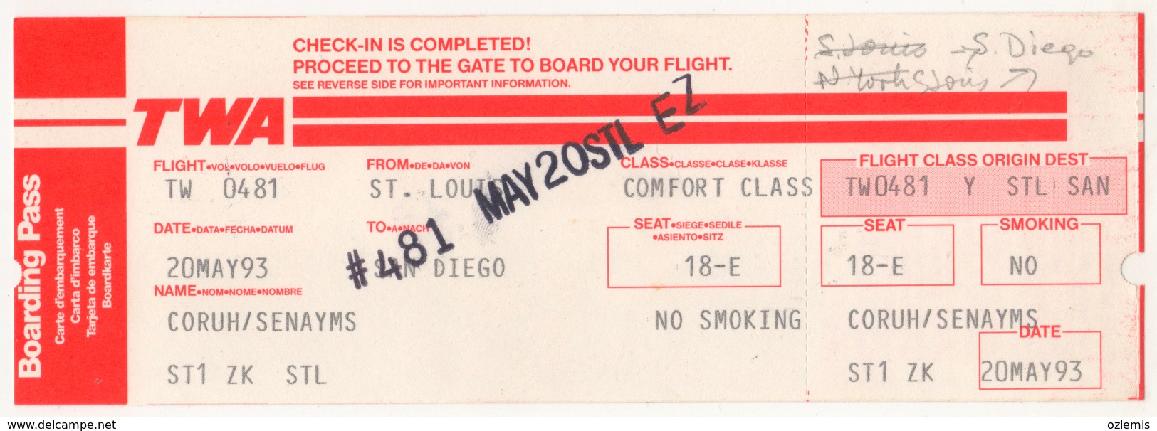 TWA AIRLINES BOARDING PASS 1993 - Tickets