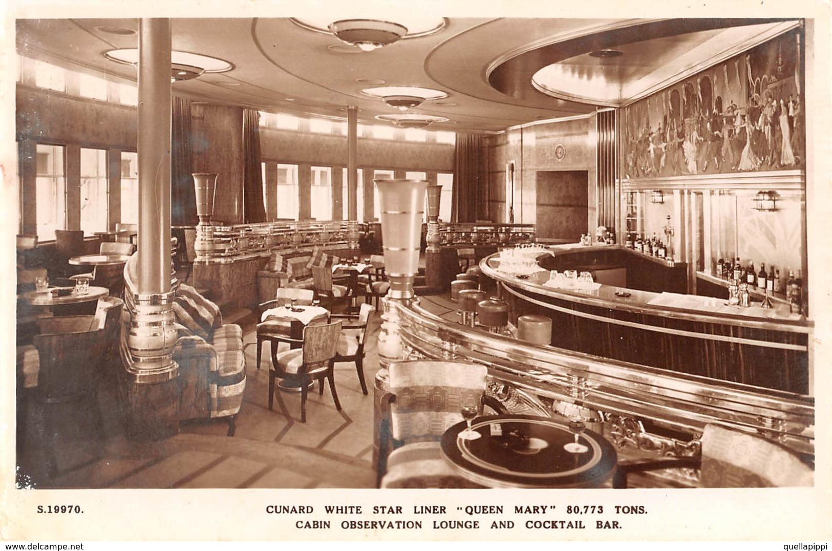 05830 "CUNARD WHITE STAR LINER - QUEEN MARY-80773 TONS - CABIN OSSERVATION LOUNGE AND COCKTAIL BAR"  CART NON SPED - Banche