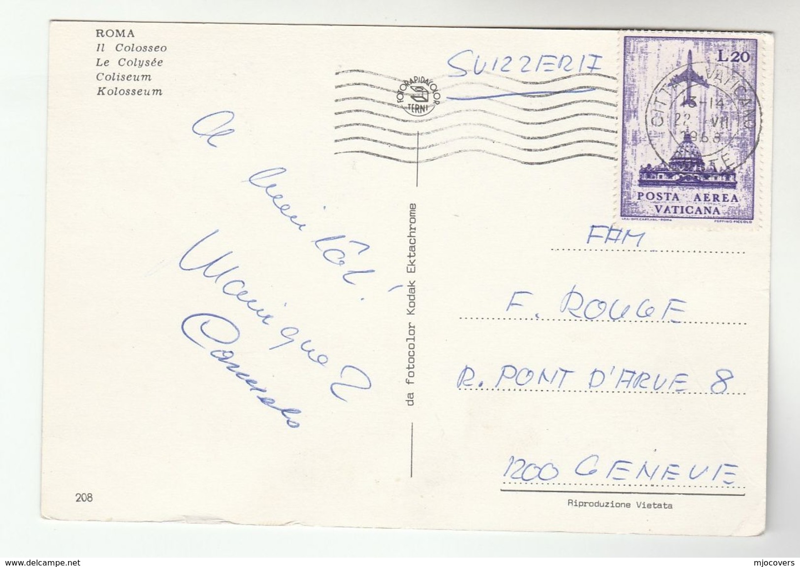 1968 VATICAN Stamps COVER (postcard Rome Coliseum)  To Switzerland - Covers & Documents