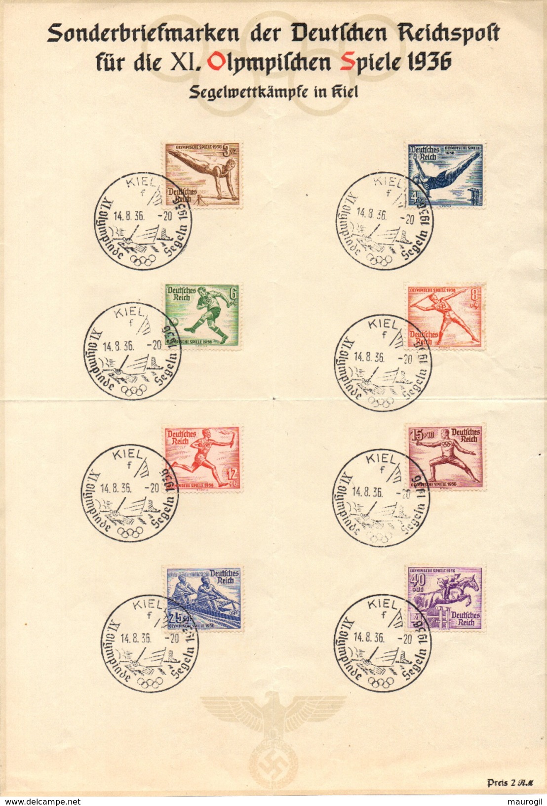 GERMANY KIEL 14/8/36 - OLYMPIC GAMES BERLIN 1936 - SAILING - SHEET WITH COMPLETE STAMPS OLYMPIC SERIES - Summer 1936: Berlin