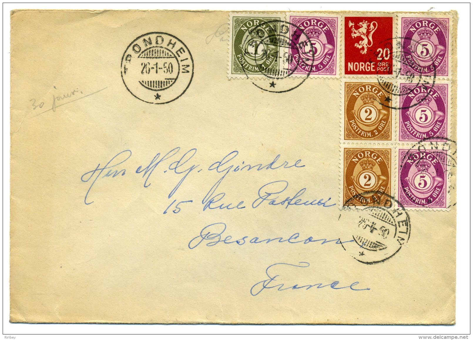 Letter From TRONDHEIM  - NORGE / For Besancon France / 26 January 1950 - Brieven En Documenten