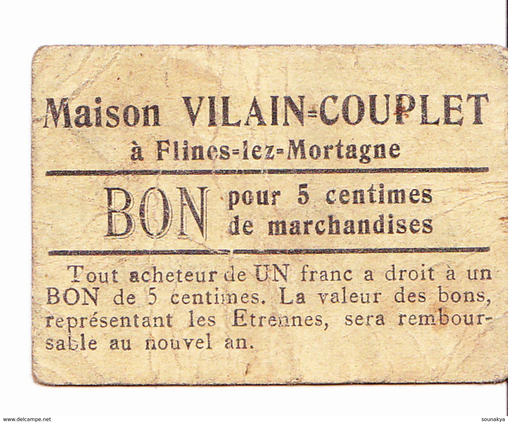 Bon De 5c Maison VILAIN-COUPLET à FLINES-LEZ-MORTAGNE 14-18 - Bonos