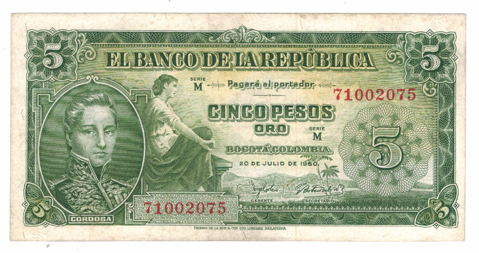 Colombia 5 Pesos 1960, VF+. Free Ship. To USA. - Colombia