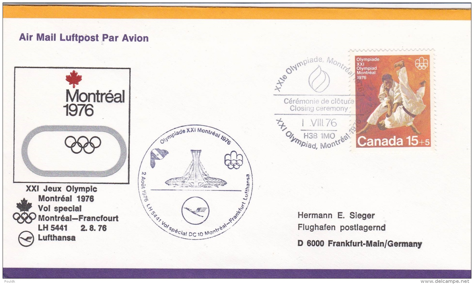 Canada Flight Cover Montreal Olympic Summer Games - Special Flight Montreal-Frankfurt Lufthansa  (T16-29) - Sommer 1976: Montreal