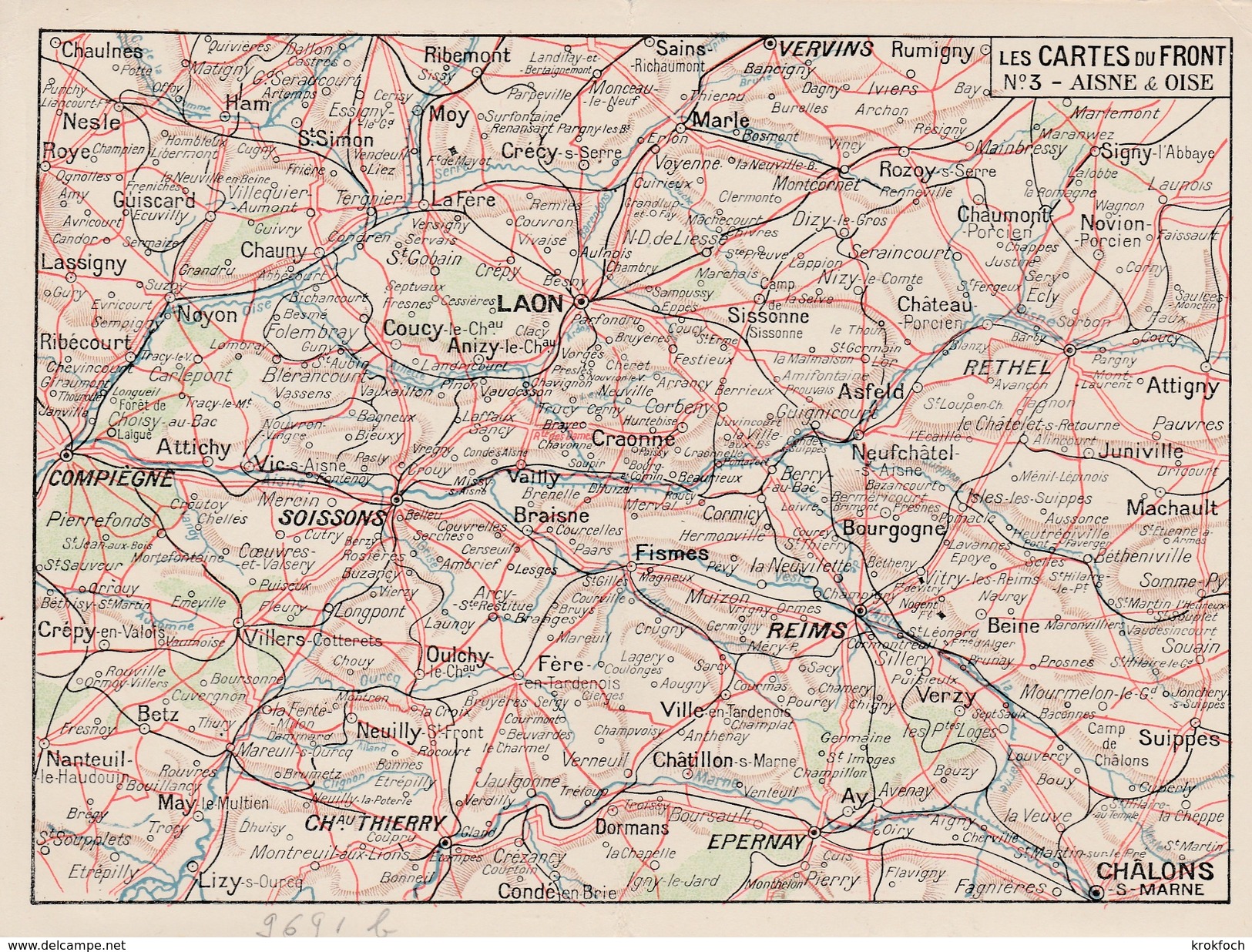 CPFM 1914 Série Cartes Du Front - N°3 Aisne & Oise - Laon Reims Soissons Compiègne Chalons Epernay - 2 Scans - Lettres & Documents