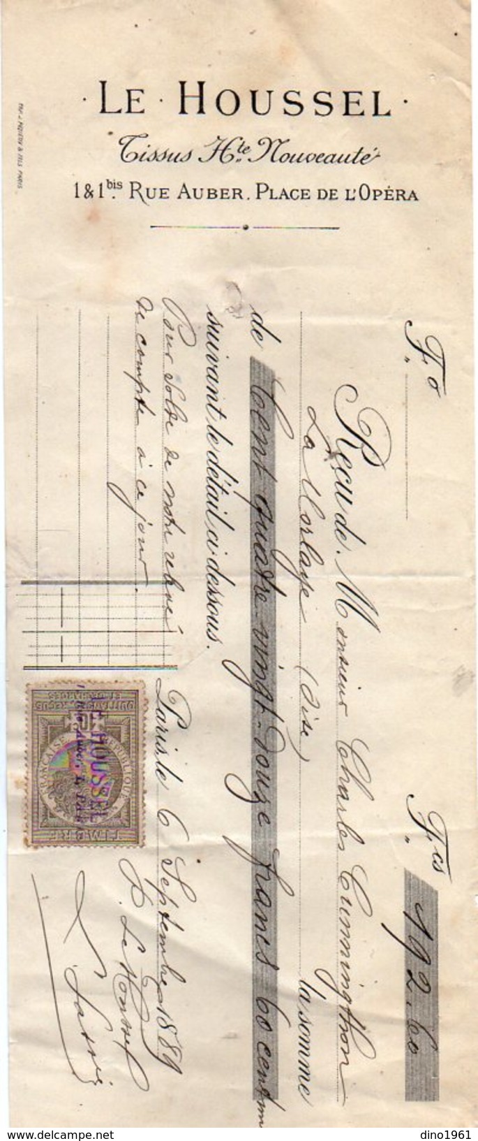 VP10.117 - Lettre De Change - LE HOUSSEL Tissus Hte Nouveanté à PARIS Rue Auber & Place De L'Opéra - Letras De Cambio