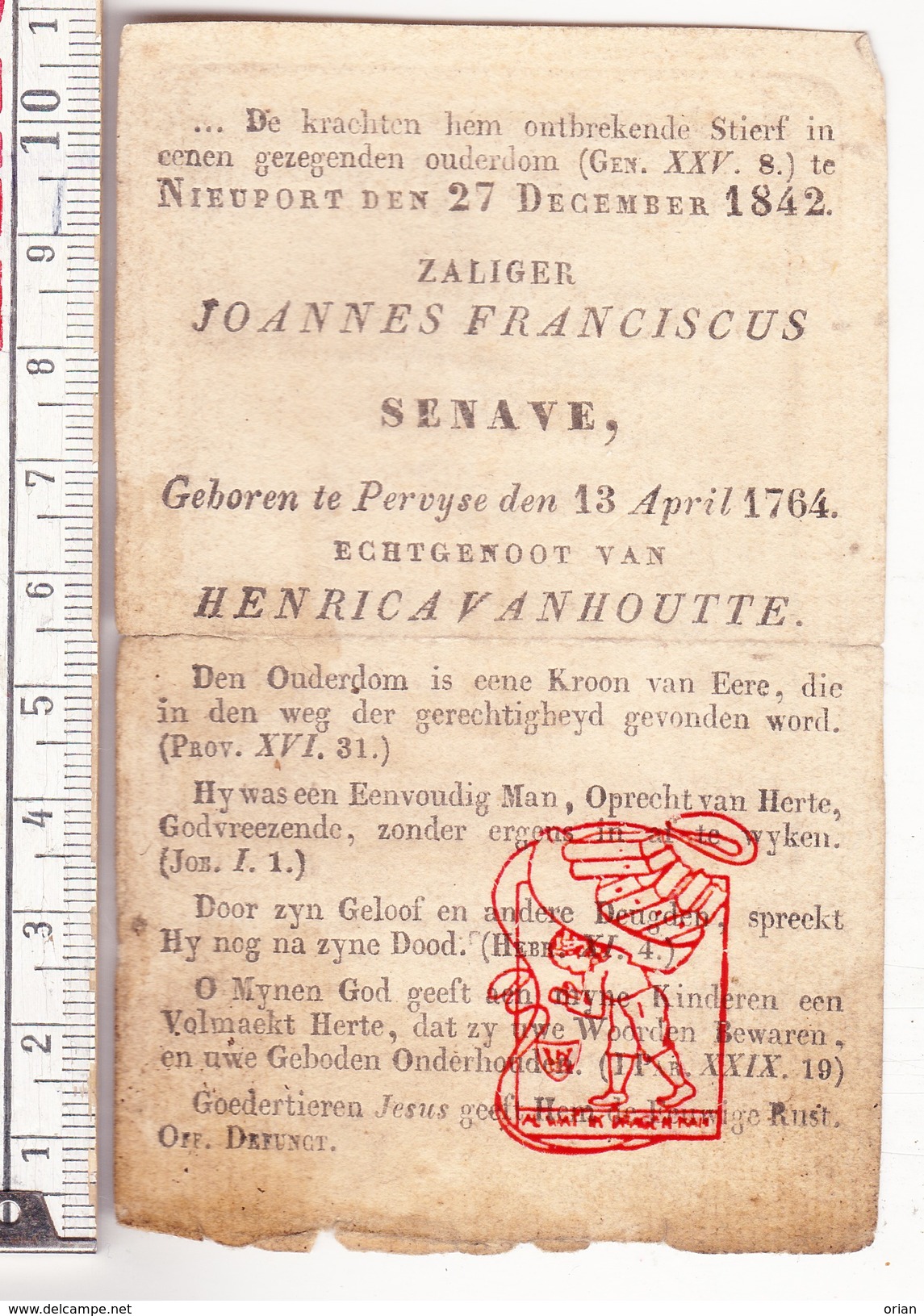 DP Joannes Franciscus Senave ° Pervyse Pervijze Diksmuide 1764 &dagger; Nieuwpoort 1842 X Henrica VanHoutte Van Houtte - Images Religieuses