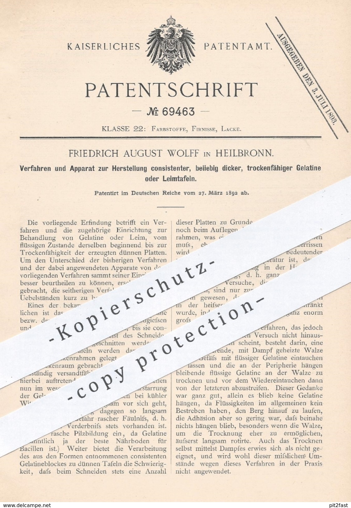 Original Patent - Friedrich August Wolff , Heilbronn , 1892 , Herstellung Von Gelatine O. Leimtafeln , Leim !!! - Manuscripts