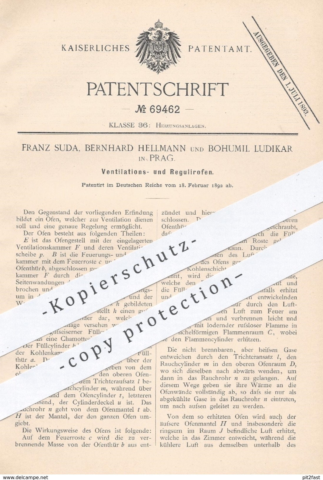 Original Patent - Franz Suda , Bernhard Hellmann , Bohumil Ludikar / Prag 1892 , Ventilationsofen , Regulierofen | Ofen - Manuskripte