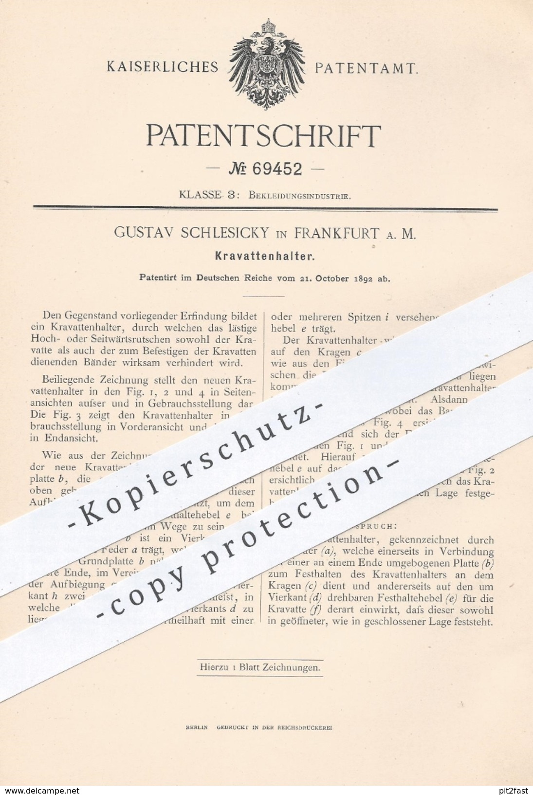 Original Patent - Gustav Schlesicky , Frankfurt / Main , 1892 , Krawattenhalter | Krawatte , Krawatten , Schlips , Mode - Manuscritos