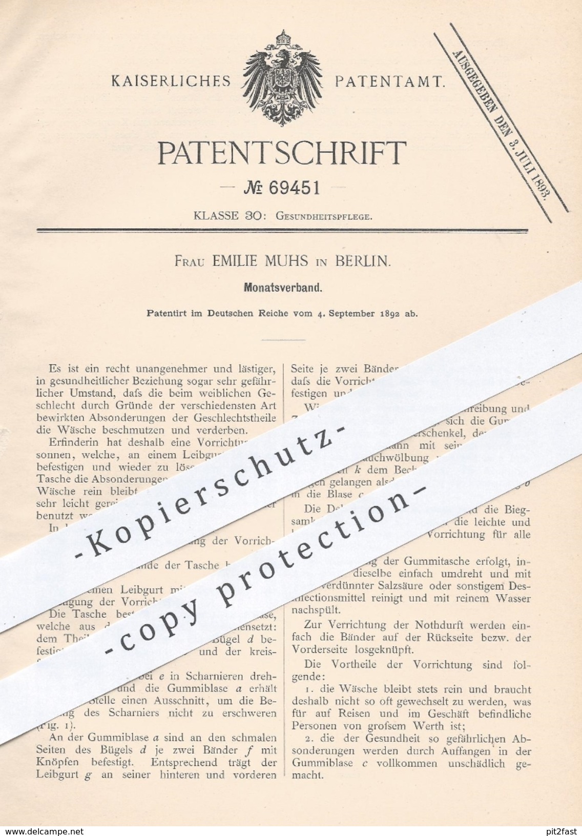 Original Patent - Emilie Muhs , Berlin , 1892 , Monatsverband Für Frauen | Verband , Binde , Hygiene , Medizin !!! - Manuskripte