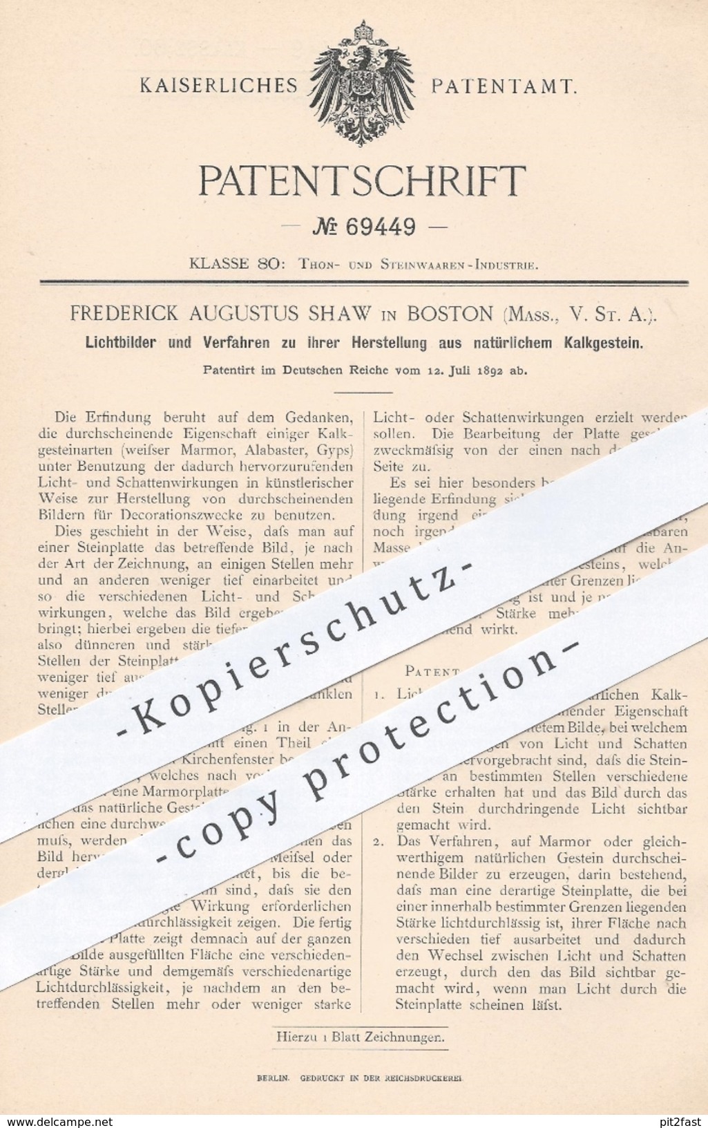 Original Patent - Frederick Augustus Shaw , Boston , USA , 1892 , Lichtbilder Aus Natur - Kalkgestein | Marmor , Gips !! - Manuskripte