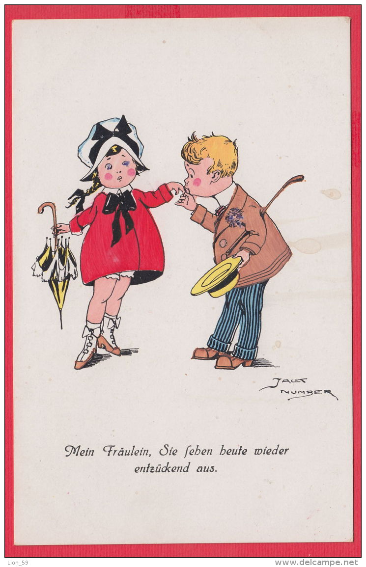 219232 / Illustrator Jack YOUNG BOY KISS  HAND LITTLE GIRL UMBRELLA , HAT , " MEIN FRAULEIN, SIE SEBEN B...., PFB 2067/2 - Number, Jack