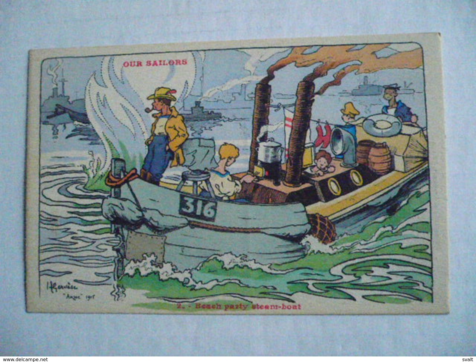 Ancienne Carte Postale : : Illustrateur H. GERVESE   OUR SAILORS :  2 - BEACH PARTY STEAM - BOAT - Andere & Zonder Classificatie