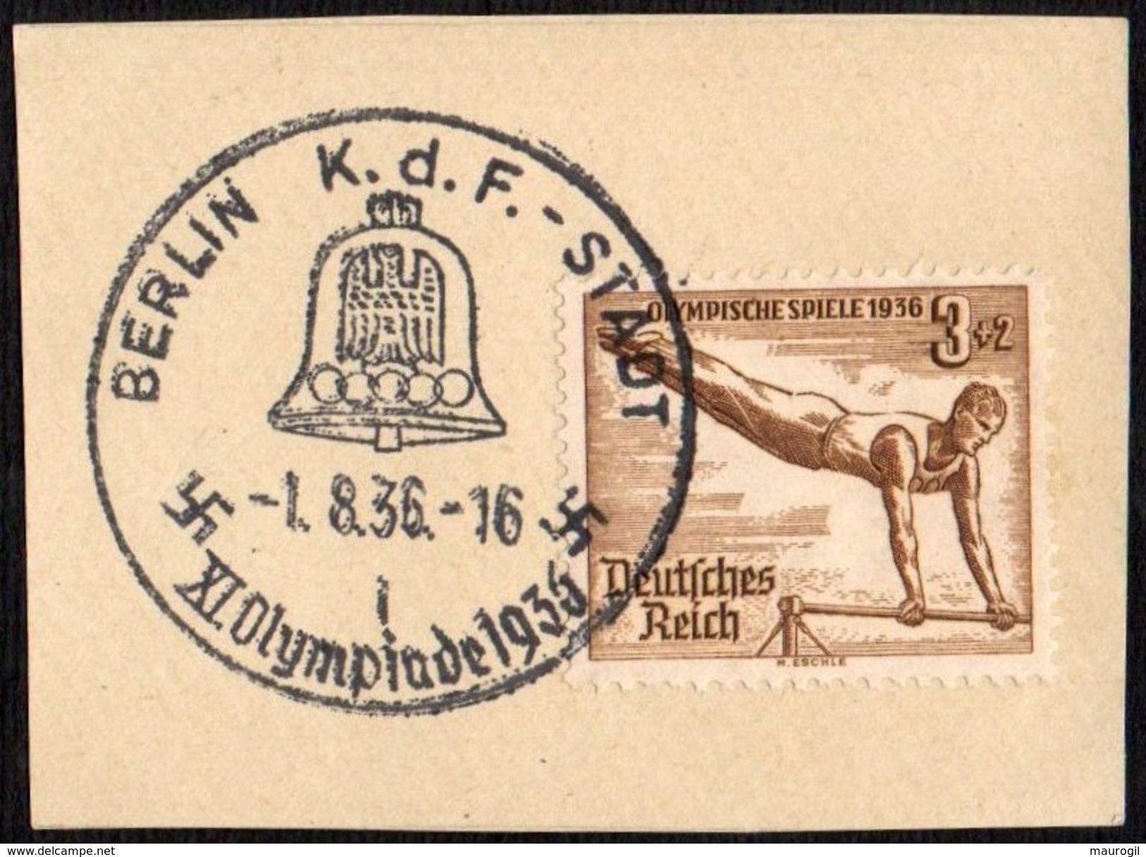 GERMANY BERLIN K.d.F. - STADT 1/08/1936 - OLYMPIC GAMES BERLIN 1936 - FRAGMENT - GYMNASTICS STAMP - Summer 1936: Berlin