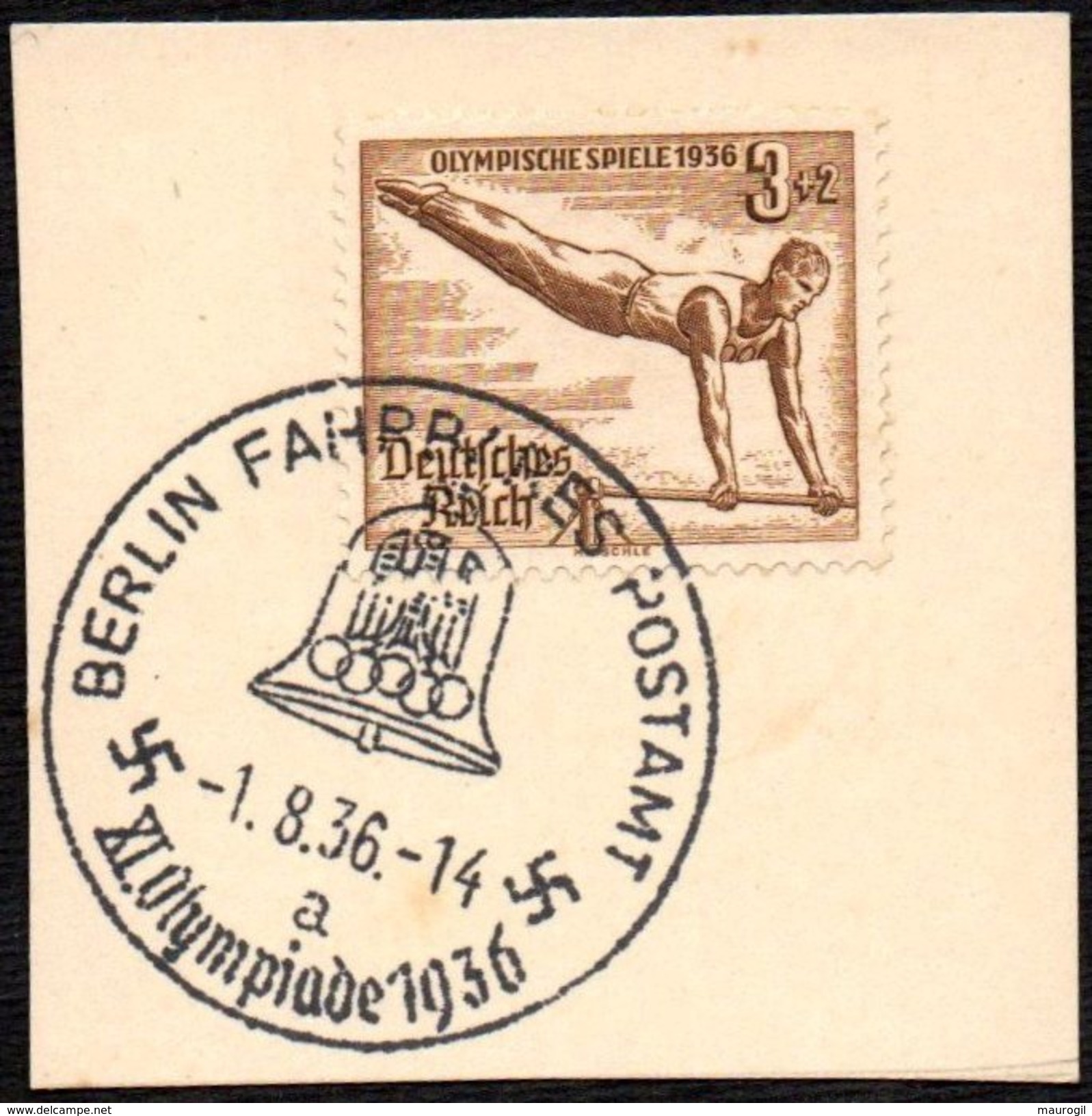 GERMANY BERLIN FAHRBARES POSTAMT 1/08/1936 - OLYMPIC GAMES BERLIN 1936 - FRAGMENT- GYMNASTICS STAMP - Summer 1936: Berlin