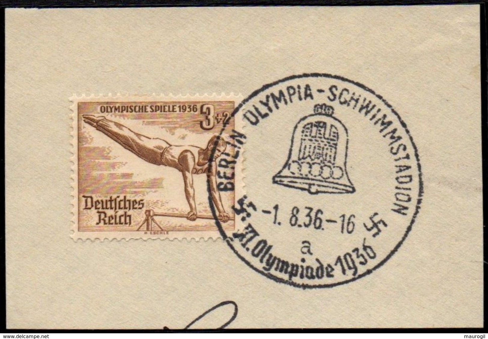 GERMANY BERLIN OLYMPIA-SCHWIMMSTADION 1/08/1936 - OLYMPIC GAMES BERLIN 1936 - FRAGMENT - GYMNASTICS STAMP - Sommer 1936: Berlin