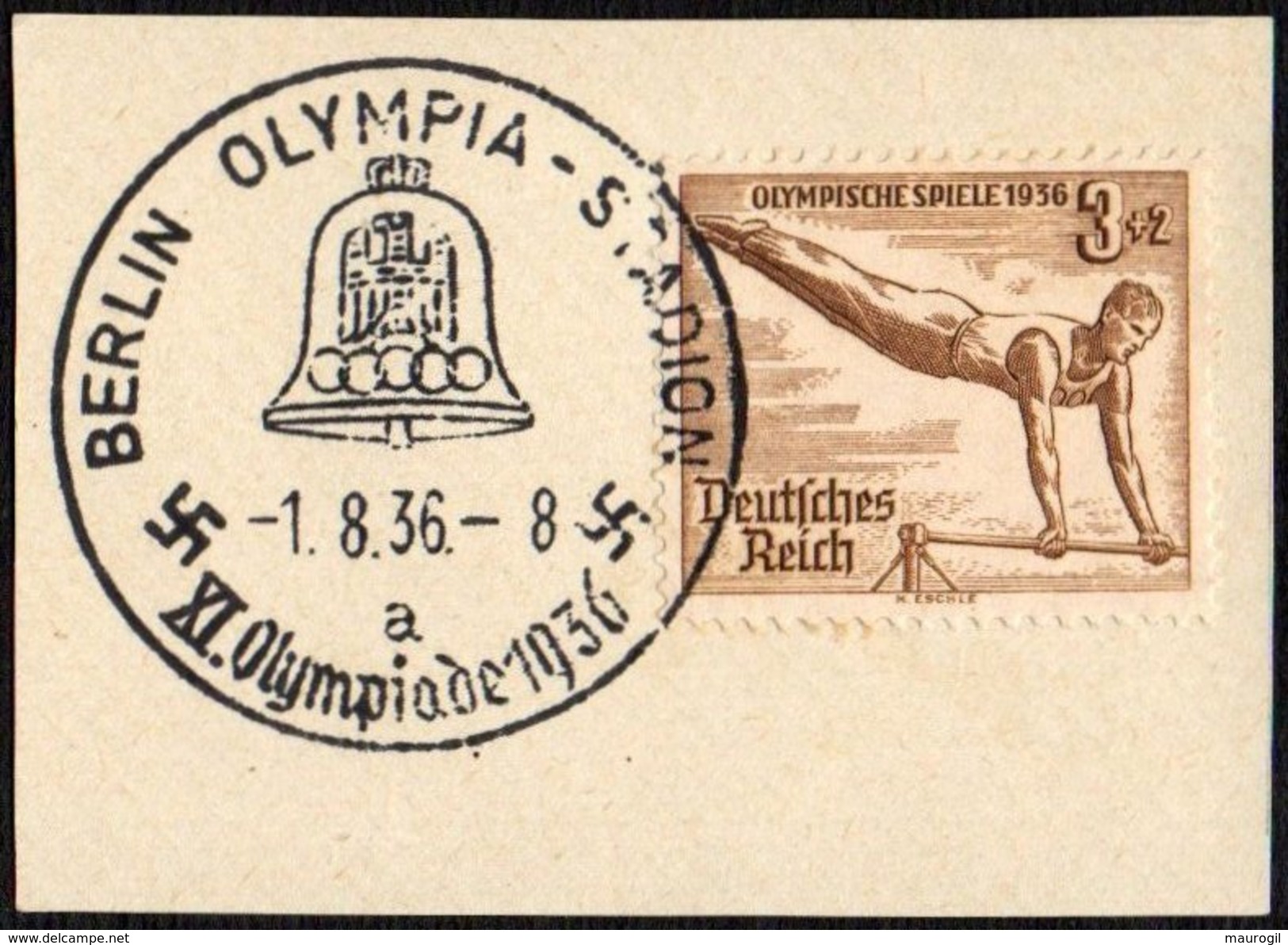 GERMANY BERLIN OLYMPIA-STADION 1/08/1936 - OLYMPIC GAMES BERLIN 1936 - FRAGMENT - GYMNASTICS STAMP - Sommer 1936: Berlin