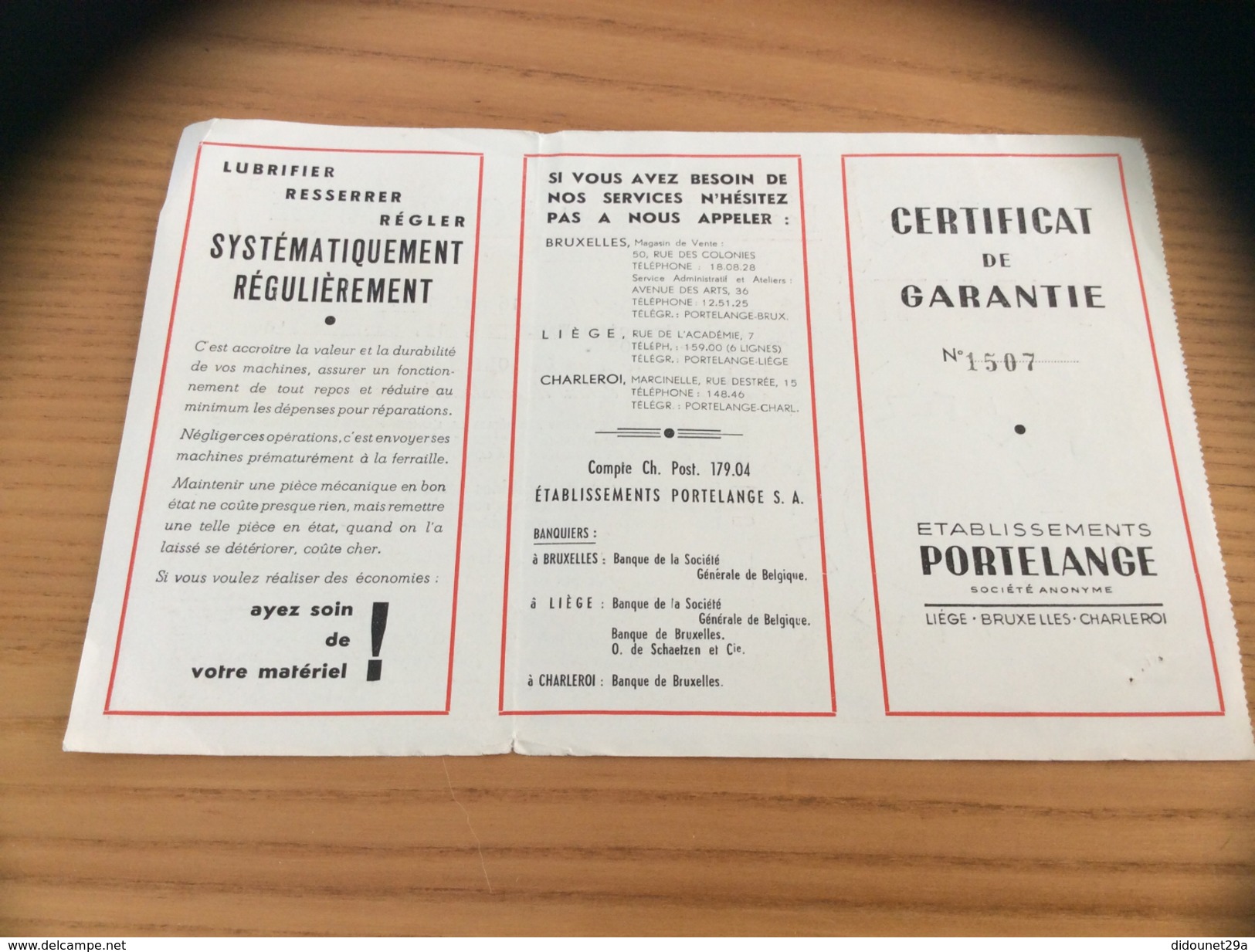 CERTIFICAT DE GARANTIE "Etablissements PORTELANGE (LIEGE BRUXELLES CHARLEROI) - Machine CLIPPER" 1951 - 1950 - ...