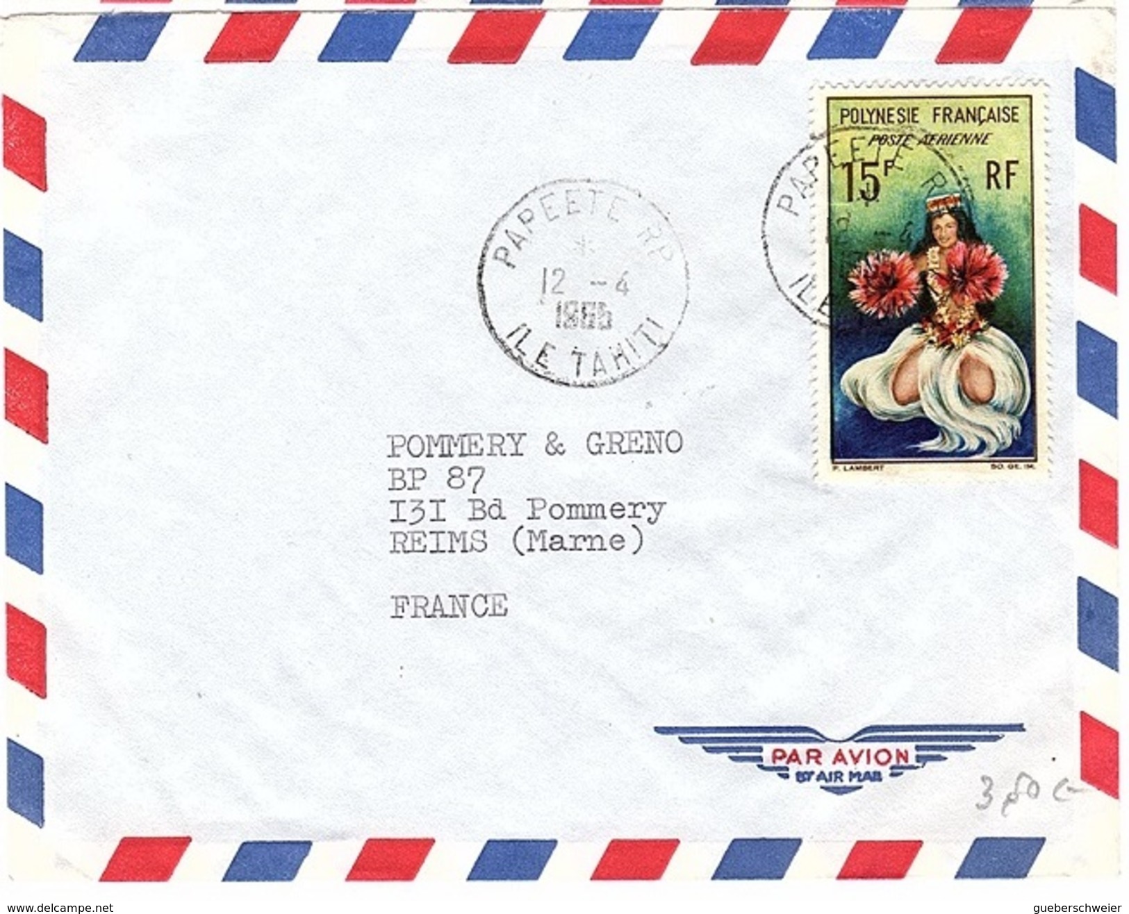 COL-L58 - POLYNESIE PA 7 Danseuse Tahitienne Sur Lettre Par Avion De Papeete Pour Reims - Covers & Documents