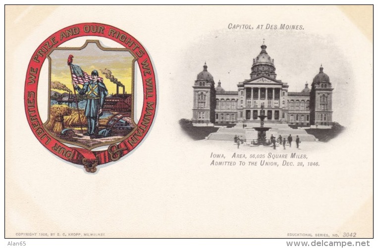 Iowa State Capitol Building, Des Moines IA C1900s Vintage Postcard, Paducah KY Clothing Store Message On Back - Des Moines
