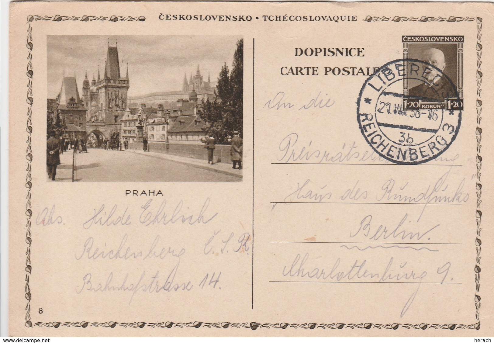 Tchécoslovaquie Entier Postal Illustré Pour L'Allemagne 1936 - Ansichtskarten