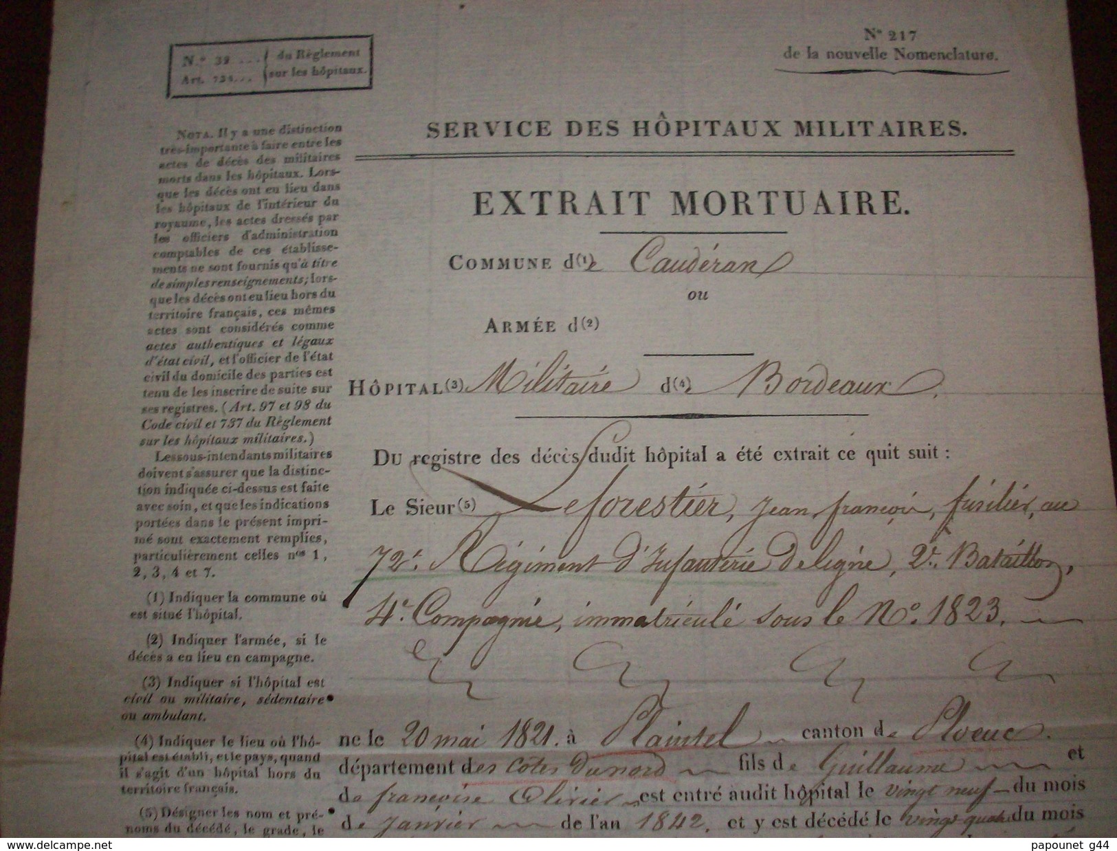 Service Des Hôpitaux Militaires Commune De Bordeaux 1842  Extrait Mortuaire - Documents