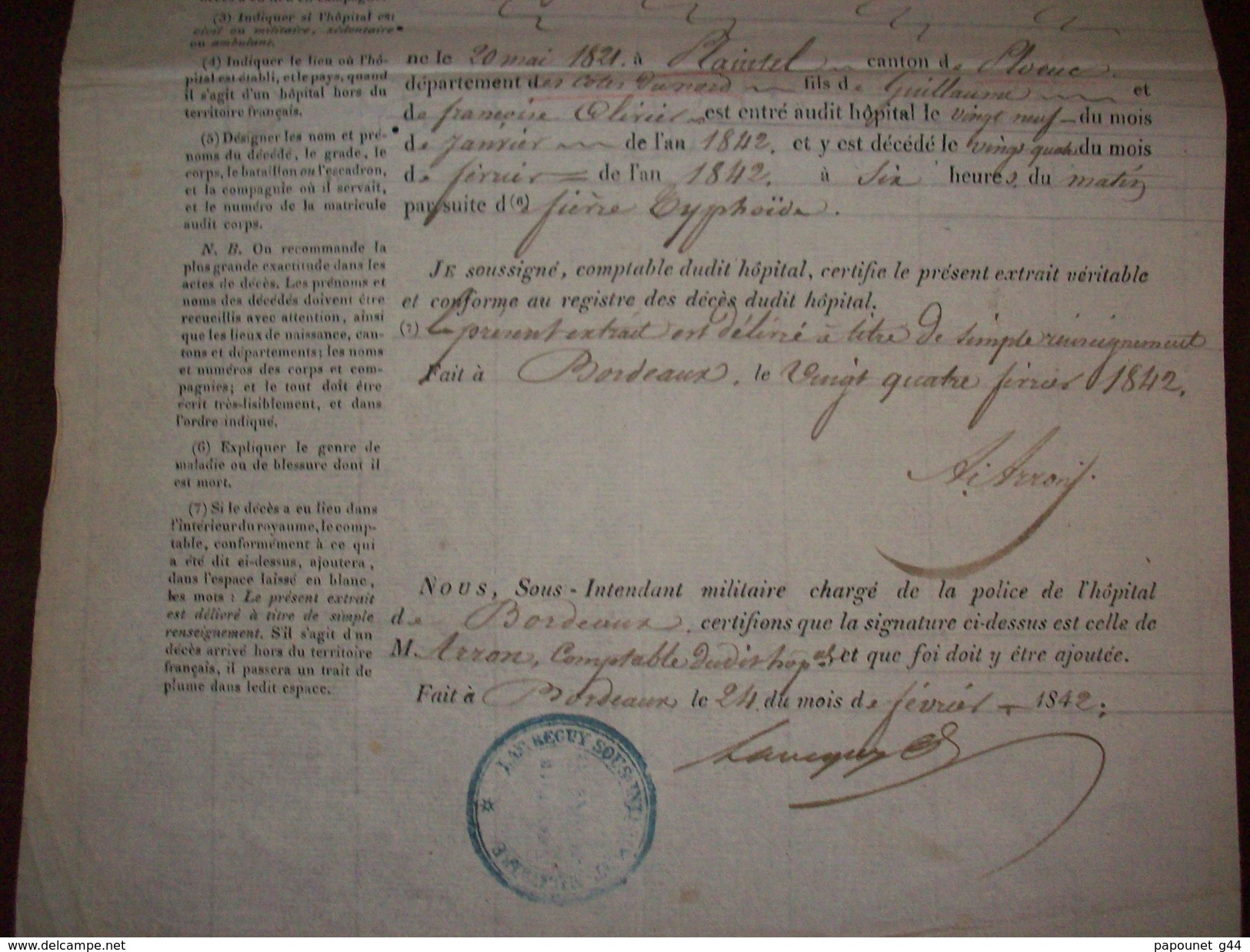 Service Des Hôpitaux Militaires Commune De Bordeaux 1842  Extrait Mortuaire - Documents