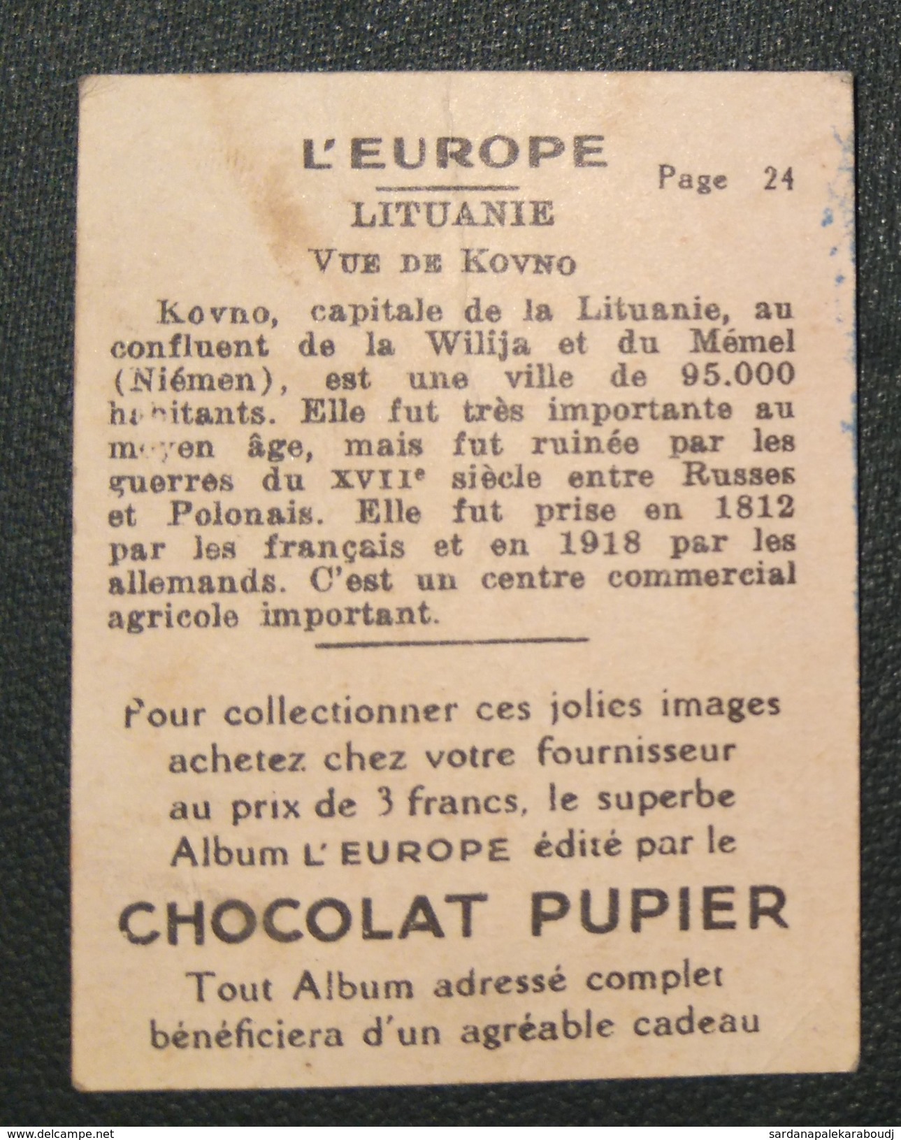 Chromo Chocolat PUPIER : LITUANIE. KOVNO. (LIETUVA) Ttbe - Autres & Non Classés