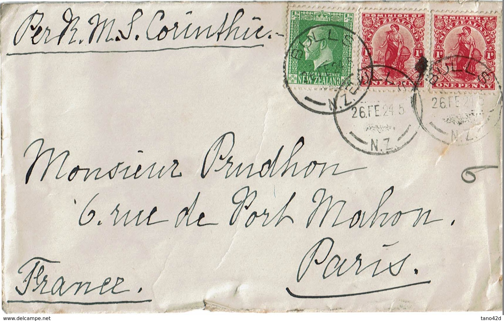 LCTN47/5 - N.LLE ZELANDE LETTRE PAR BATEAU CORINTHIE 26/2/1924 - Storia Postale