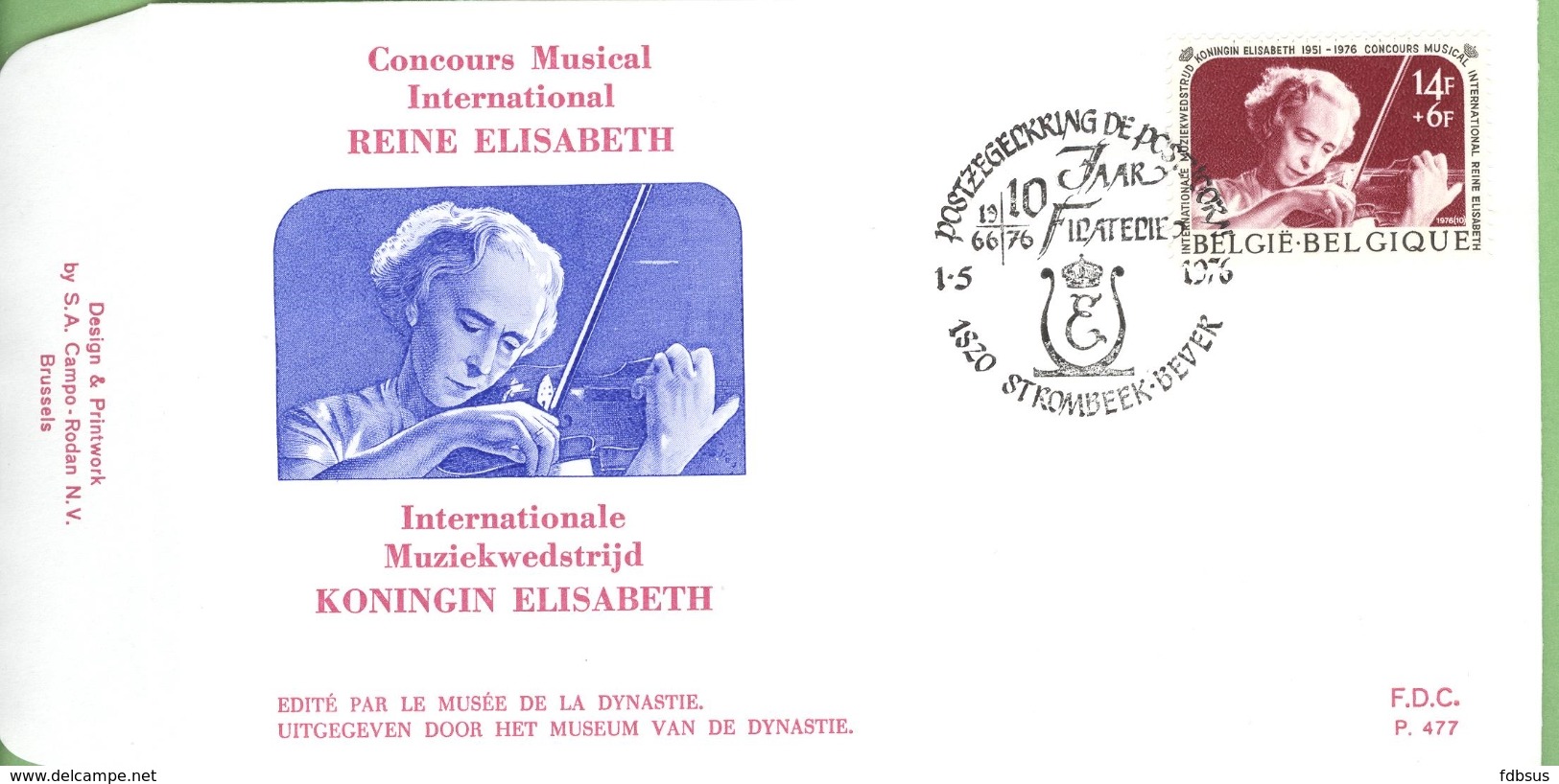 1976 Fdc Nr 477 Obp 1804 - Muziek Music Musique Musik - Reine Koningin Elisabeth - Strombeek Bever - Violin Viool - 1971-1980