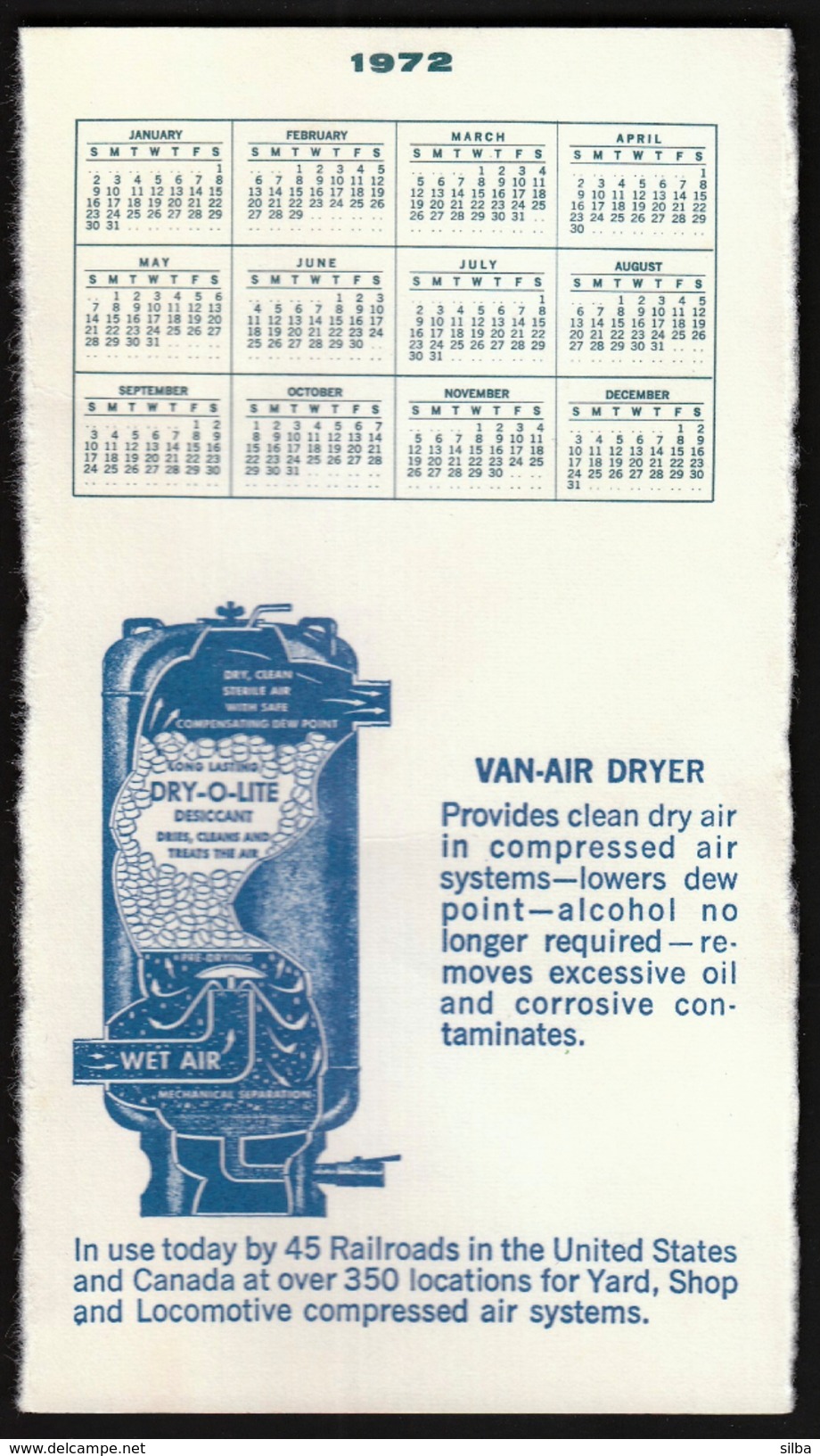 United States / Small Calendar 1972 / VAN-AIR DRYER Advertising / Railroads - Publicités