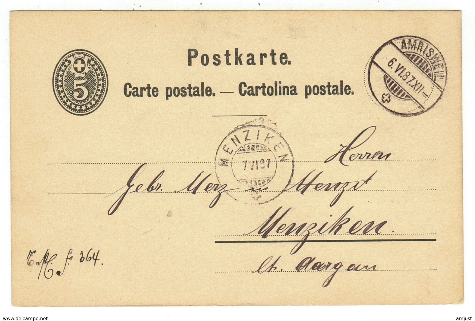 Suisse // Schweiz // Switzerland //  Entier Postaux // Entier Postal Au Départ De Amrisweil Le 06.06.1887 - Entiers Postaux